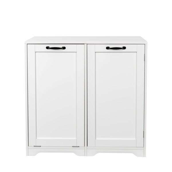 English Elm Laundry Cabinet with Tilt-Out Hamper, Adjustable Shelves & Doors, Freestanding White Storage Unit W331P280824