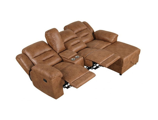 English Elm Contemporary Saddle Brown Leatherette 2pc Sectional Sofa with Console, Chaise Storage, 2 Recliners, Adjustable Backrest B2741S00322