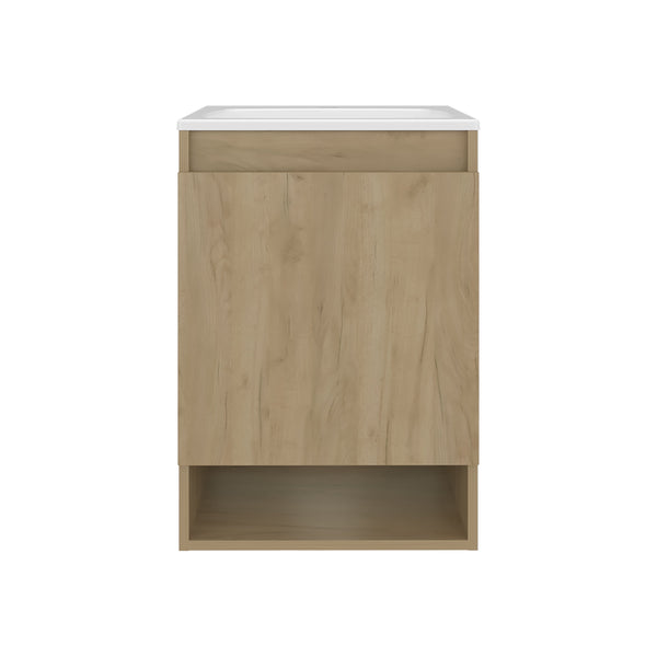 English Elm Nissi 18" Floating Wall-Mounted Vanity with Resin Sink, Soft-Close Door, Compact Natural Oak Finish B200S00448