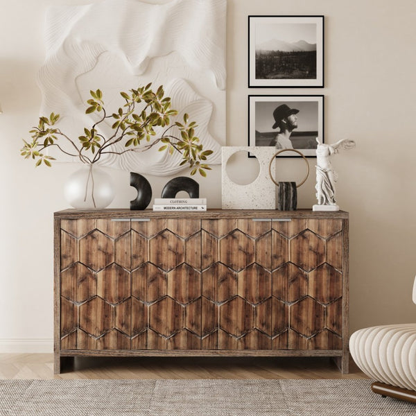 English Elm Accent Farmhouse Sideboard with Fluted Four Door Wood Storage for Dining or Entryway W1435P216113
