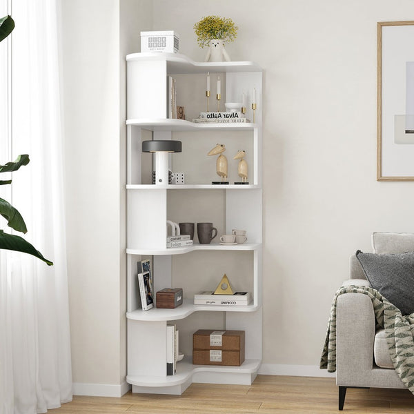English Elm 5-tier Corner Bookcase L-shaped Freestanding Open Shelf Display for Home Office White T3623P436784