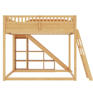 English Elm Queen Loft Bed with Upholstered Headboard Built-in Slide and Open Storage Shelves Natural W1580S00308