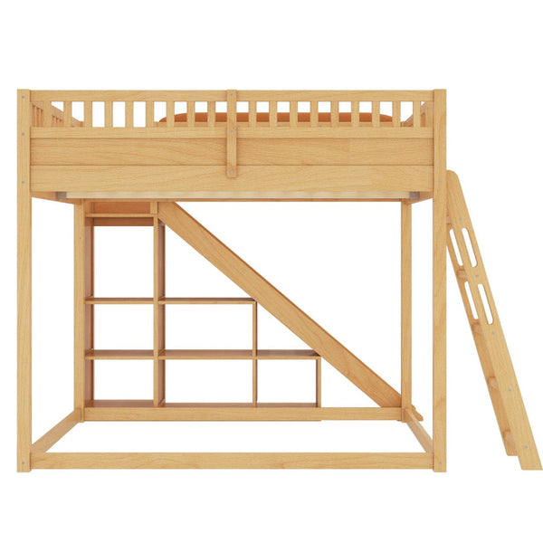English Elm Queen Loft Bed with Upholstered Headboard Built-in Slide and Open Storage Shelves Natural W1580S00308