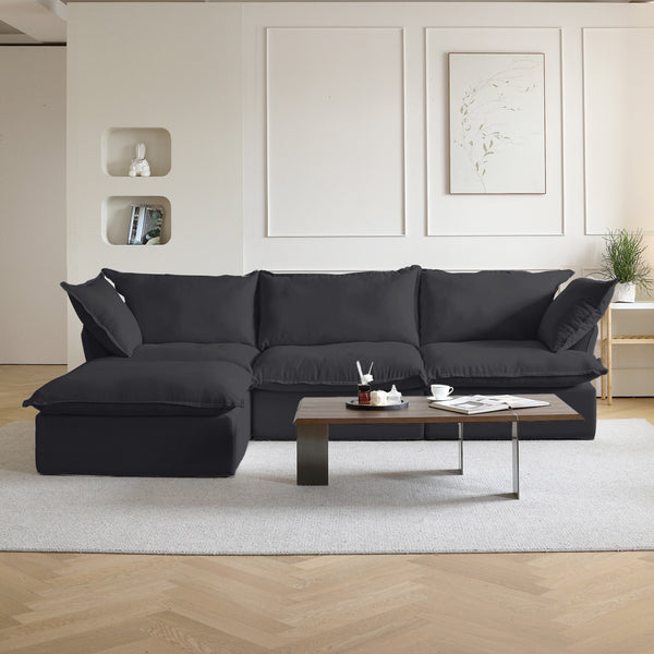 English Elm Sky Cloud Sectional Sofa with Cloud-Like Comfort, Modular L-Shaped Velvet Seating, Removable Covers, Storage Ottoman Black B341S00018