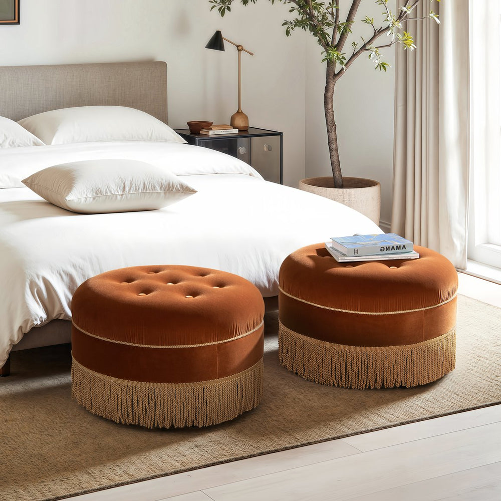 English Elm Jennifer Taylor Home - Yolanda Round 24" Upholstered Accent Ottoman in Performance Velvet with Tassel Fringe, Durable Build Burnt Orange B2719P358853