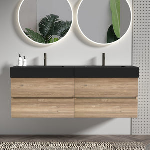 English Elm Grace 60" Bathroom Vanity Wall-Mounted Floating Mid-Century Modern Walnut Grille, Quiet Soft-Close Drawers and One-Piece White Basin (ECO) Black+Brown W1865S00168