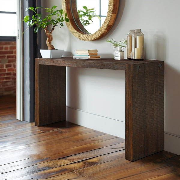 English Elm Monterey Solid Wood Console Table 64"W in Tobago Smoke Finish — Narrow Entryway, Modern Distressed Look B03548280