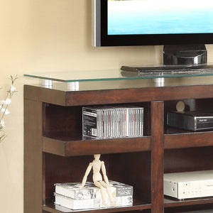 English Elm Novella Hardwood Media Console with Tempered Glass Top and Open Shelves for Living Room B108P481214