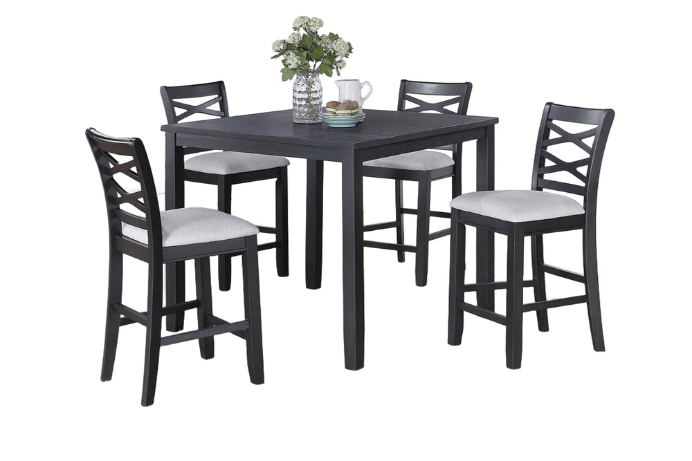 English Elm Dining 5pc Counter Height Charcoal Dining Set with Upholstered Cushions, Rubberwood X-Back Chairs B011P373691