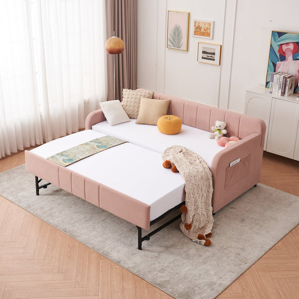 English Elm Twin Upholstered Daybed with Trundle Sofa Bed for Guest Room, Pine Wood Frame, Velvet Upholstery, Sturdy Slat Support and Full-Length Comfort Pink W1361S00023