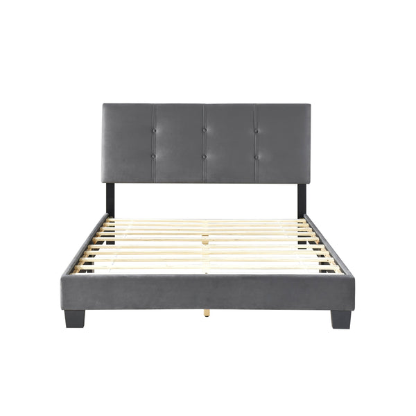 English Elm 1pc Full Platform Bed Newberry Brown Velvet Upholstered Button-Tufted Adjustable Headboard, Solid Wood Frame Dark Gray 60 L x 26 W x 5 H B011P203578