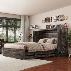 English Elm Queen Murphy Cabinet Bed Rustic Grey Farmhouse Style with Charging Station Storage W5271S00001