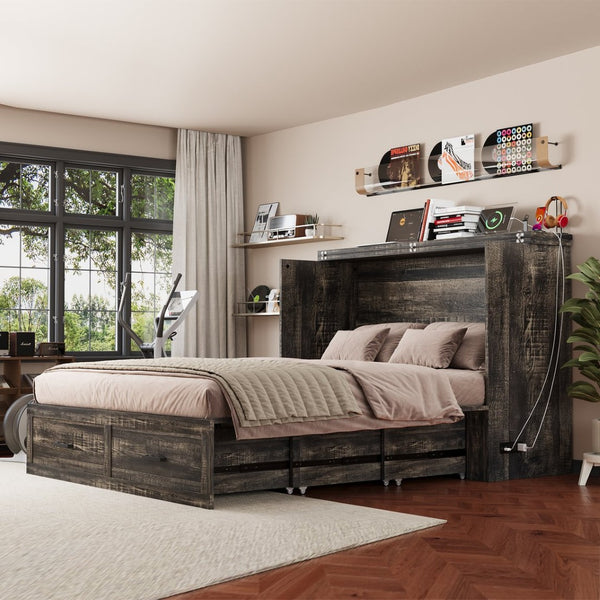 English Elm Queen Murphy Cabinet Bed Rustic Grey Farmhouse Style with Charging Station Storage W5271S00001