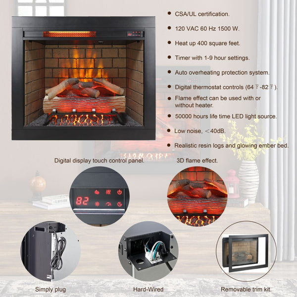 English Elm 28inch Recessed Electric Fireplace Insert with 3d Flame Effects and Infrared Quartz Heat W1769P266570