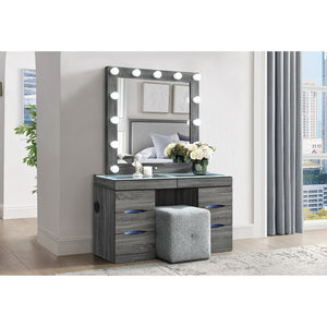 English Elm Lorena Grey Vanity with Lighted Mirror and Stool – Solid Wood MDF, 6 Drawers, Glass Top, Sturdy B201S00443