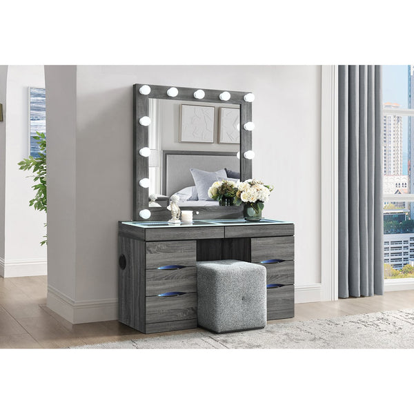 English Elm Lorena Grey Vanity with Lighted Mirror and Stool – Solid Wood MDF, 6 Drawers, Glass Top, Sturdy B201S00443