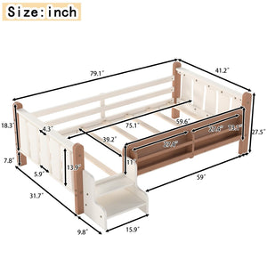 English Elm Twin Pine Floor Bed for Kids with Side Bookcases Built-in Stairs and Safety Guardrails Beige W1580P390214