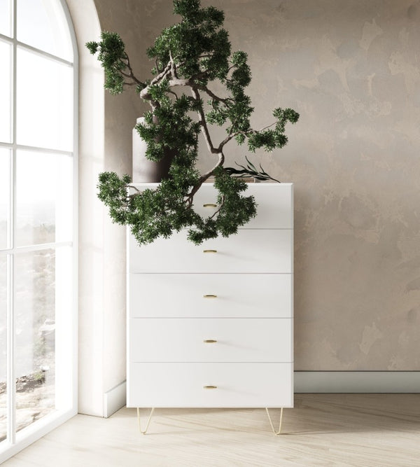 VIG Furniture Bryan Modern White Chest With 5 Soft-Close Drawers, Gloss Finish & Brushed Gold Legs — 30X19x46" VGMABR-82-WHT-CHS