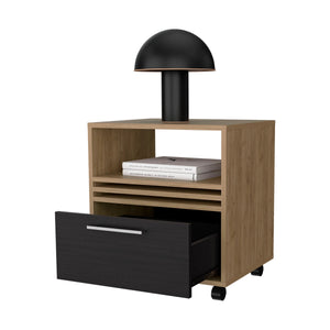English Elm Natural Oak Warm Nightstand with Drawer, Open Shelf & Smooth Casters for Mobile Elegant Storage B062P290236