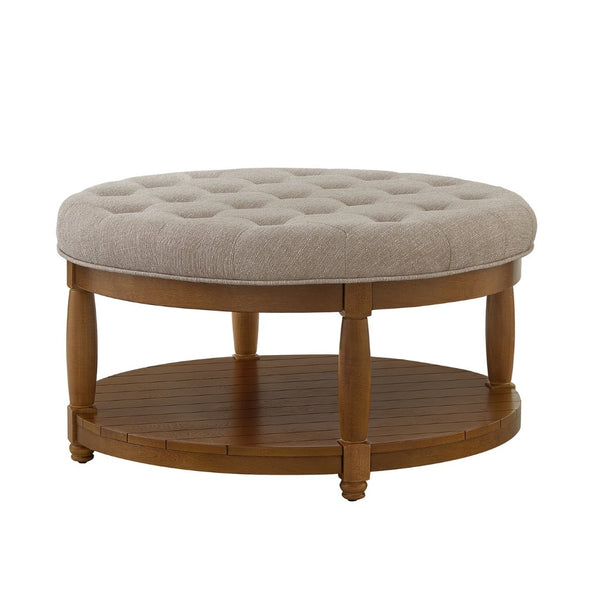 English Elm Large Round Tufted Ottoman Coffee Table with Wood Shelf for Living Room Lounge Linen W2186P212194