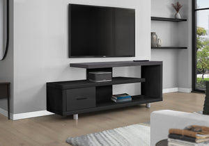 English Elm Tv Stand 60 Inch Art-Deco Console with Center Pedestal, Drawer & 3-Tier Shelves in Black/Grey Laminate B2710P219081