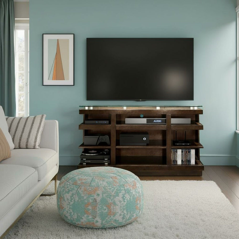 English Elm Novella Hardwood Media Console with Tempered Glass Top and Open Shelves for Living Room B108P481214