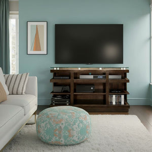 English Elm Novella Hardwood Media Console with Tempered Glass Top and Open Shelves for Living Room B108P481214