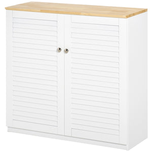 English Elm Homcom Sideboard Buffet Cabinet With Louvered Doors, Adjustable Shelf & Rubberwood Top For Versatile Storage W2225P229586