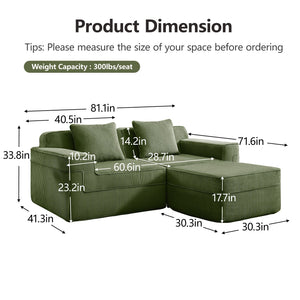 English Elm Modular 2-Seat L-Shape Sectional Sofa In Green Corduroy, Ultimate Comfort With Movable Ottoman & Pillows W3041S00330