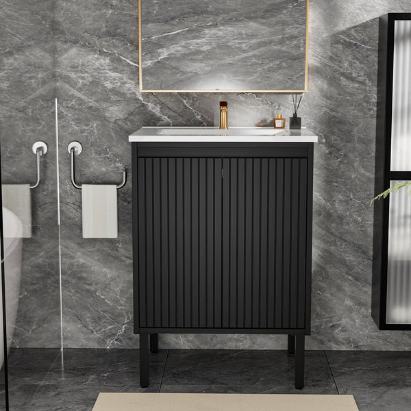 English Elm 24 Compact Bathroom Vanity with Sink — Floor-Standing Stability, Soft-Close Drawers, Large Storage, Durable Finish Black 29.13 L x 6.49 W x 26.37 H W3520S00014