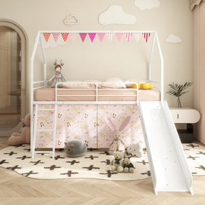 English Elm Jack Twin Loft Bed with Slide, Curtains, Guardrails & Pennant Banner — Safe, Quiet Assembly, Kids' Decor B083P361166
