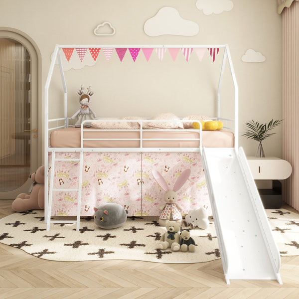 English Elm Jack Twin Loft Bed with Slide, Curtains, Guardrails & Pennant Banner — Safe, Quiet Assembly, Kids' Decor B083P361166