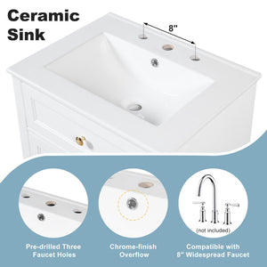 English Elm "24'' 24 Inch Glossy Freestanding Bathroom Vanity with Gold Hardware and Soft Close Storage White Pinewood N725P375495K