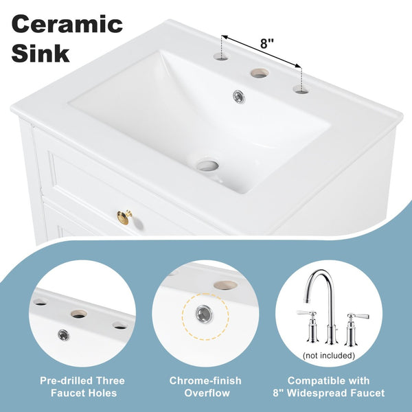 English Elm "24'' 24 Inch Glossy Freestanding Bathroom Vanity with Gold Hardware and Soft Close Storage White Pinewood N725P375495K