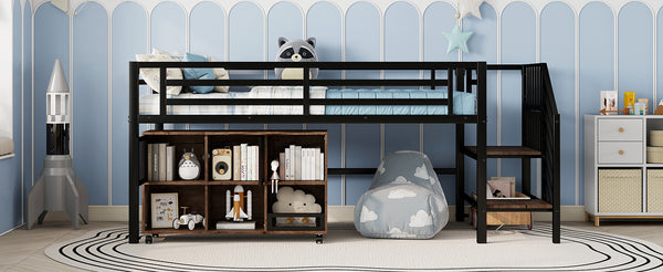 English Elm Twin Metal Loft Bed with Stairs and Six Storage Cubbies, Sturdy Metal Slat Support, Safe Low Design for Kids Black 75.2 L x 17.72 W x 9.45 H W2593P305749