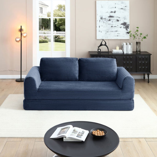 English Elm 2-in-1 Corduroy Futon Sofa Sleeper Modular Floor Couch for Studio and Guest Living Spaces Blue W1117S00375