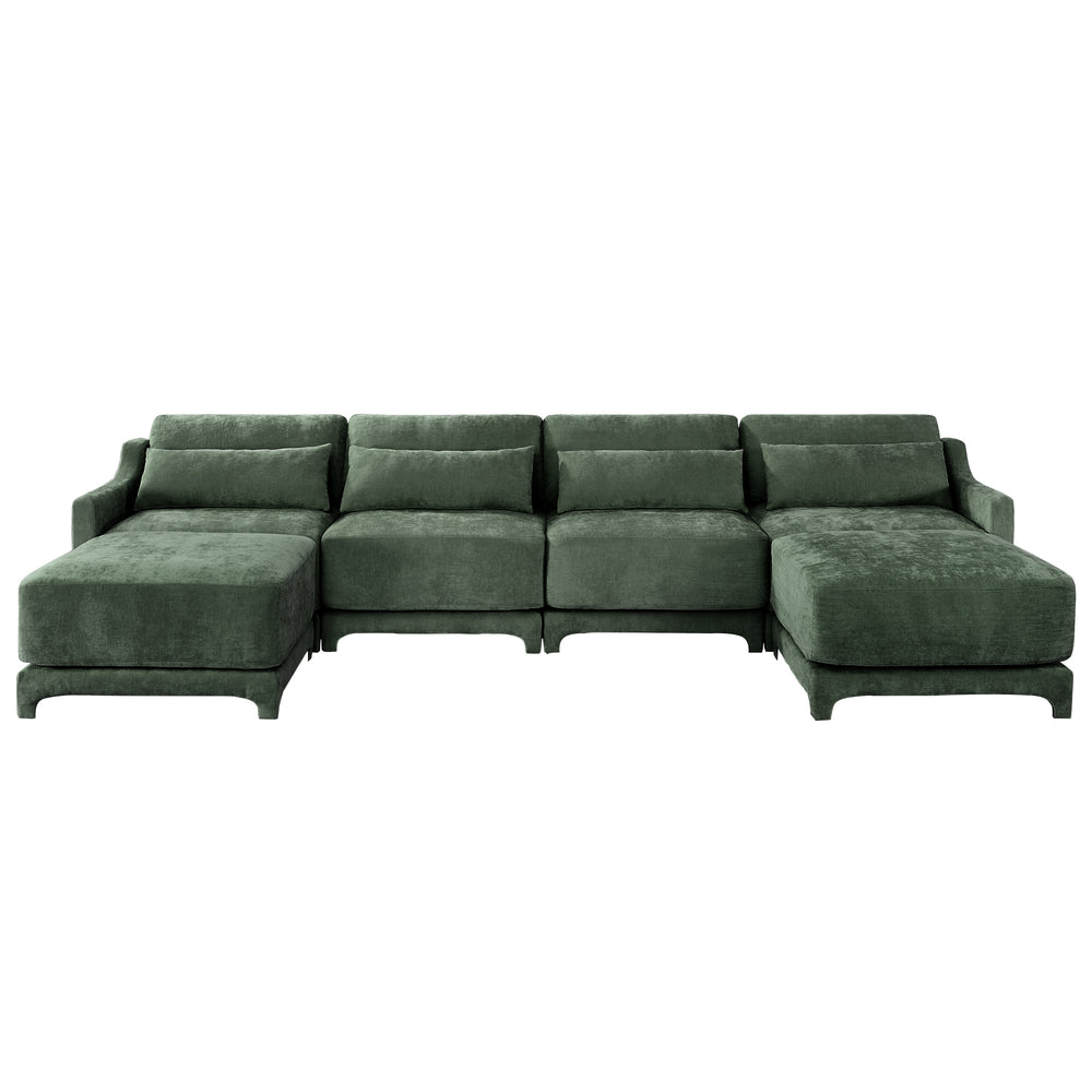 English Elm Four-Seater Sofa Set With Movable Ottoman, Ergonomic Lumbar Pillow, Premium Chenille Upholstery, Green W714S01222