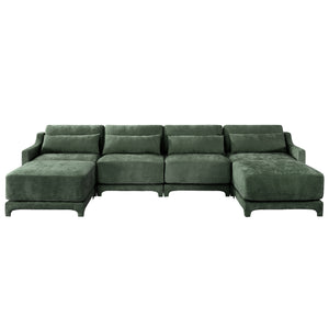 English Elm Four-Seater Sofa Set With Movable Ottoman, Ergonomic Lumbar Pillow, Premium Chenille Upholstery, Green W714S01222