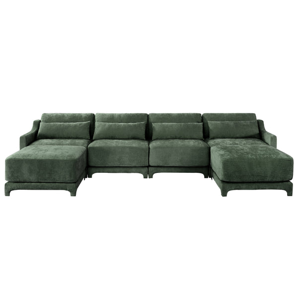 English Elm Four-Seater Sofa Set With Movable Ottoman, Ergonomic Lumbar Pillow, Premium Chenille Upholstery, Green W714S01222