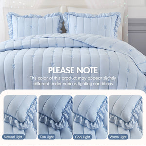 English Elm 3-piece Reversible Microfiber Quilt Set Bow Embroidery Ruffled Trim Romantic Bedroom Blue B035P482883