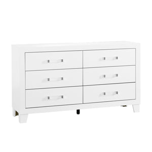 English Elm OMODA Sleek Five-Drawer Chest in Solid Wood and MDF with Modern Acrylic Hardware, Contemporary Appeal White 61.81 L x 19.49 W x 33.07 H B201P226202