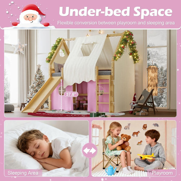 English Elm Full Size Pine Loft Bed with Slide Tent Panels Led Lights and Play Space Below W1580S00291