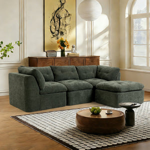 English Elm Modern Chenille Cloud Sectional with Ottoman Deep Sink Modular L Shaped Living Room Sofa Blackish Green W2379S00002