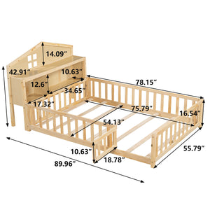 English Elm Full-size Montessori Floor Bed with Built-In Bookcase and Chalkboard, Space-Saving Solid Wood Platform for Kids Natural 56.3 L x 17.32 W x 5.31 H W1716S00014
