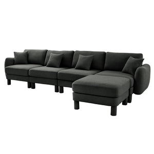 English Elm Boucle Fabric L-Shaped Sectional Sofa For 4 With Shell-Shaped Armrests & Removable Ottoman, Dark Grey W3041S00304
