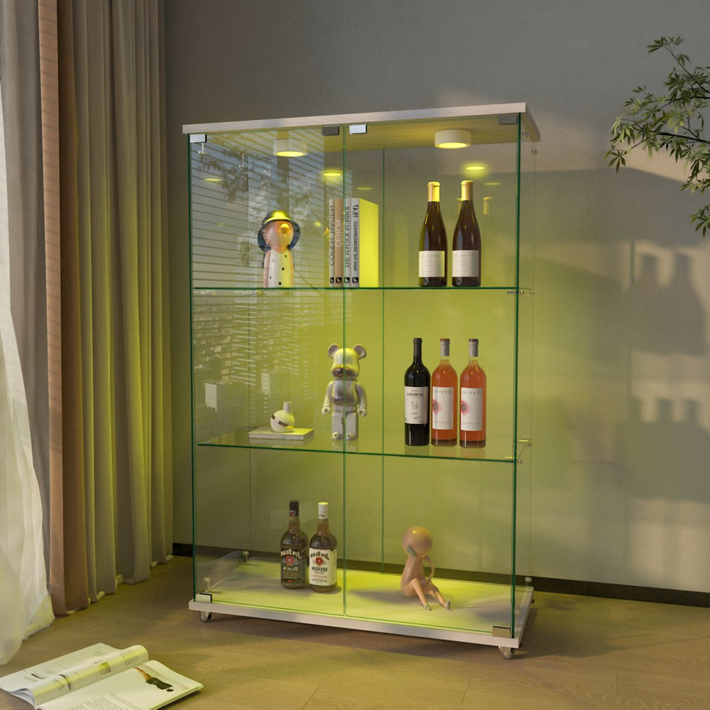 English Elm Modern Glass Display Cabinet With Led Lighting - Elegant 2-Door Showcase For Living Room & Bedroom W241P242928