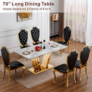 English Elm Marble Dining Table For 6-8 People, Modern Faux Marble Top & Chrome Base, Stylish Kitchen Centerpiece W3456S00049