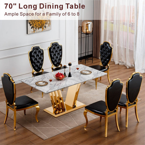 English Elm Marble Dining Table For 6-8 People, Modern Faux Marble Top & Chrome Base, Stylish Kitchen Centerpiece W3456S00049