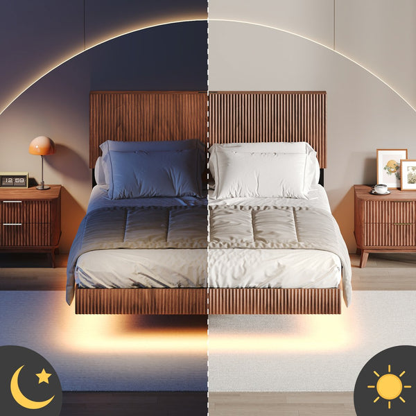 English Elm Walnut Queen Floating Bed Frame with LED Lights, Wavy Headboard, Built-In Charging Station, 1000LB Capacity W1820P329697