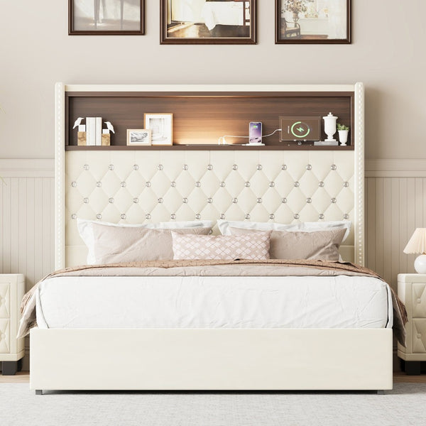 English Elm Full Velvet Wingback Platform Bed Tufted Headboard Shelf Usb Port Rivet Trim N733P368653A